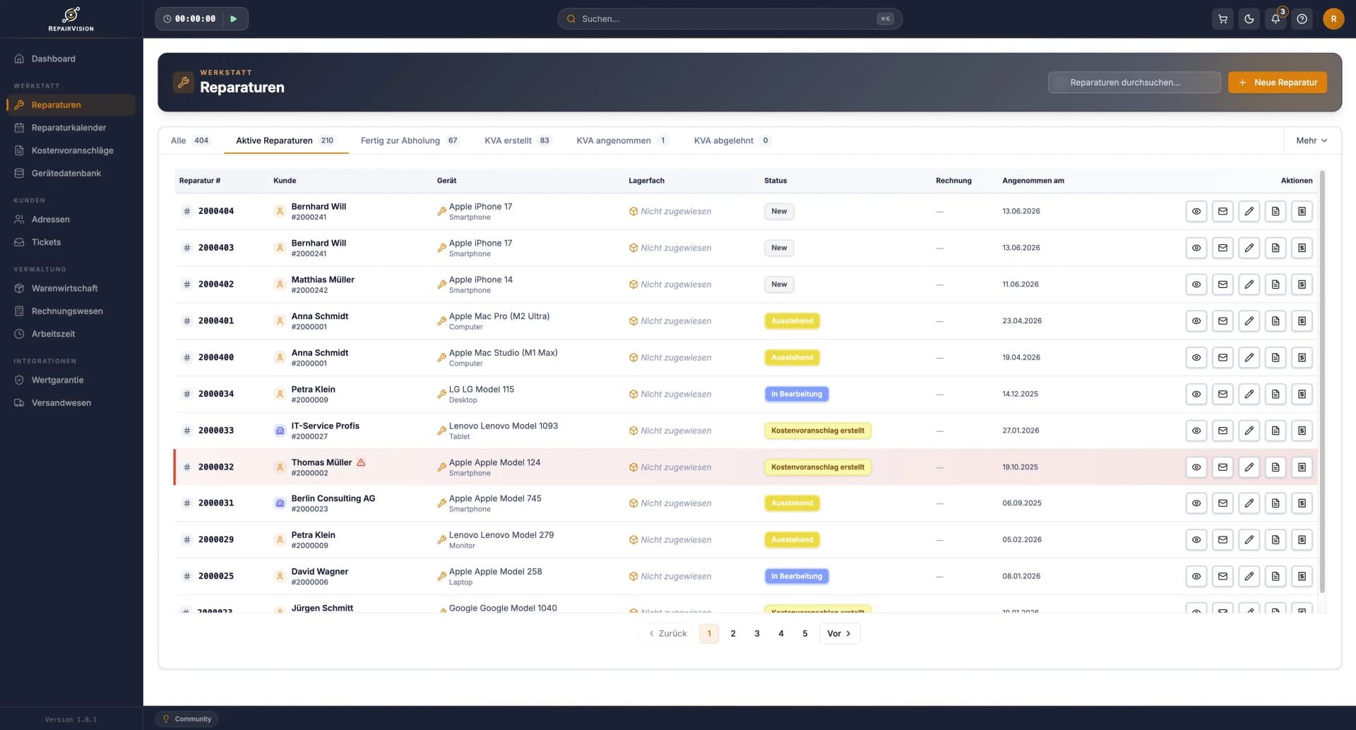 Reparaturverwaltung mit Statusübersicht, Gerätedetails und Workflow-Tracking in RepairVision™